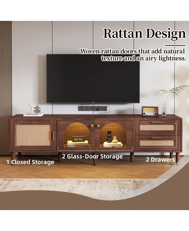 Rainsken 70'' Led Rattan Tv Stand, with App Controlled Led Lights, for TVs up to 80'', Rattan-inspired Media Console Table, for Living room, Bedroom