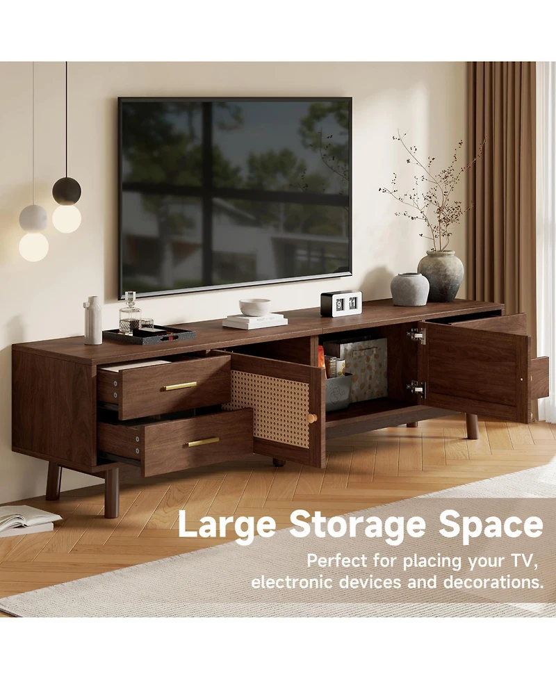 Rainsken 70'' Modern Rattan Tv Stand, for TVs up to 80'', 4 Drawers and Cable Holes, Rattan-inspired Media Console Table, for Living room, Bedroom