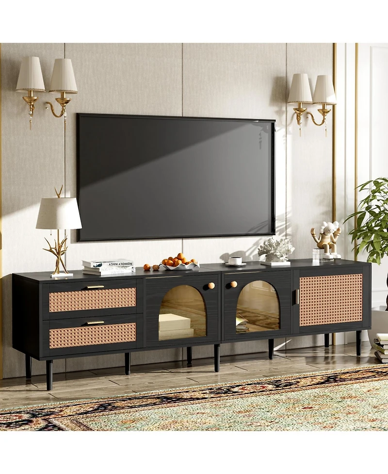 Rainsken 71'' Led Rattan Tv Stand, with 3 Cabinets and 2 Drawers, for TVs up to 80'', Rattan-inspired Media Console Table, for Living room, Bedroom