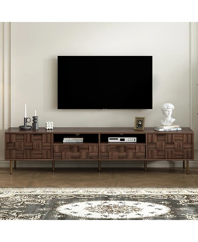 Rainsken 80" Mid Century Tv Stand, with 2 Drawers, 2 Doors, and Open Space, for TVs Up to 85", Media Console, for Living room, Bedroom
