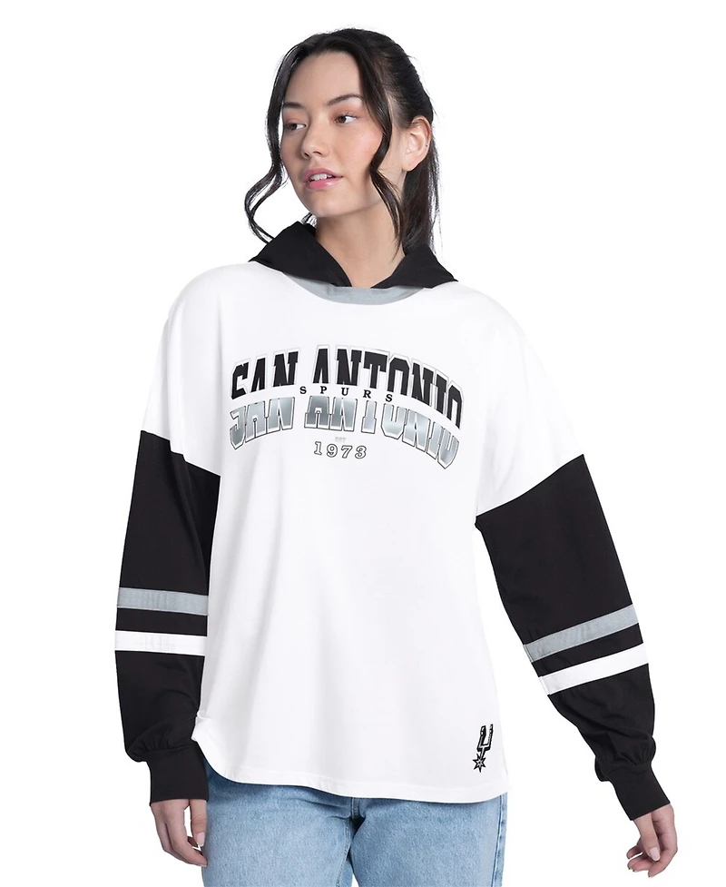 G-iii 4Her by Carl Banks Women's White/Black San Antonio Spurs Key Player Oversized Hooded Long Sleeve T-Shirt