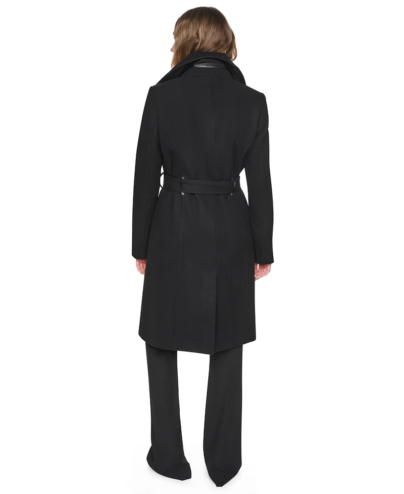 Dkny Women's Faux-Leather Trimmed Assymetrical Wrap Coat