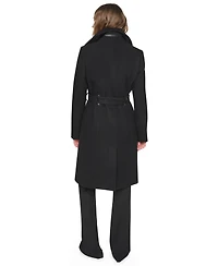 Dkny Women's Faux-Leather Trimmed Assymetrical Wrap Coat