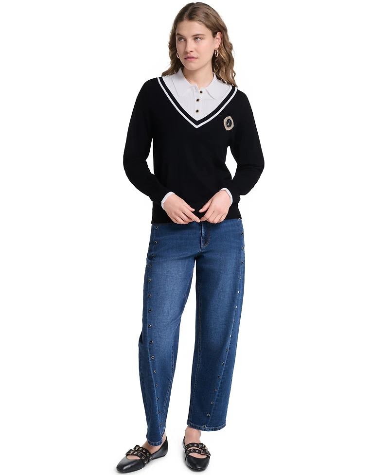 Karl Lagerfeld Paris Petite Collared Button-Front Twofer Sweater