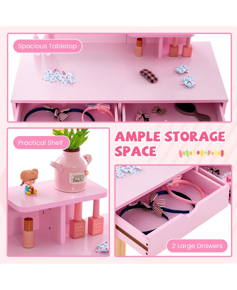 Gouun Kids 2-in-1 Vanity Desk and Stool Set with Detachable Mirror and 2 Drawers