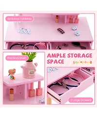 Gouun Kids 2-in-1 Vanity Desk and Stool Set with Detachable Mirror and 2 Drawers