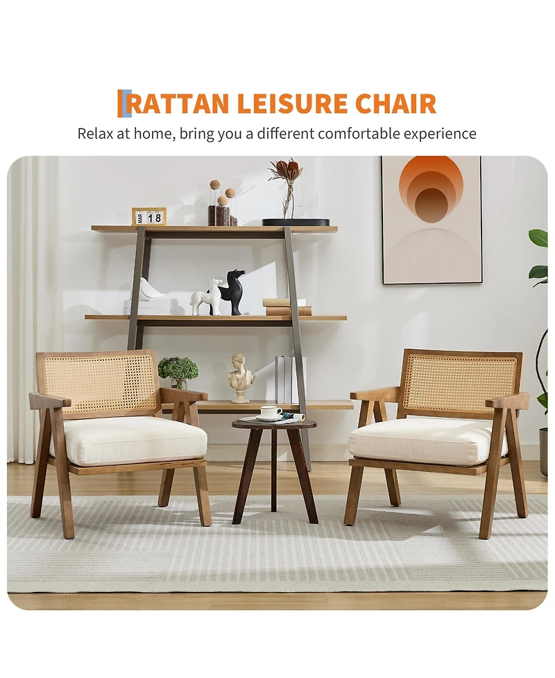 homfan Mid-Century Modern Accent Chair, Rattan Backrest, Suede or Linen Cushion, Wood Frame, Lounge Chair for Living Room