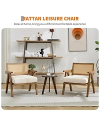 homfan Mid-Century Modern Accent Chair, Rattan Backrest, Suede or Linen Cushion, Wood Frame, Lounge Chair for Living Room