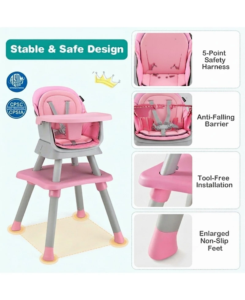 Gouun Toddler 6 in 1 Convertible High Chair with Adjustable Removable Tray and Booster