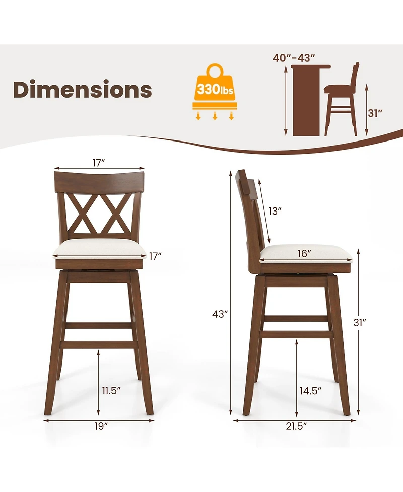 Slickblue 30 Inch Bar Stool with Swivel Padded Seat and Ergonomic Contoured Back