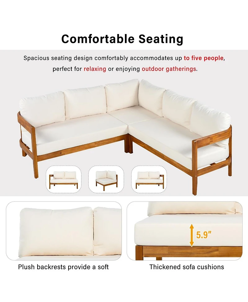 Asagikoiai Outdoor Patio Sectional Sofa, Solid Wood L-Shaped Conversation Set with Cushions-Asagikoiai