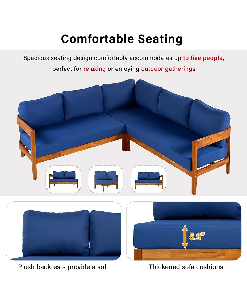 Asagikoiai Outdoor Patio Sectional Sofa, Solid Wood L-Shaped Conversation Set with Cushions-Asagikoiai