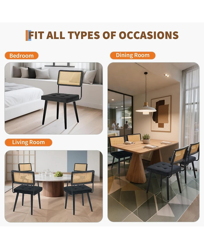 homfan Set of 4/6 Dining Chairs, Linen Upholstered Rattan Chairs with Cane Backrest and Wood Legs for Room or Kitchen