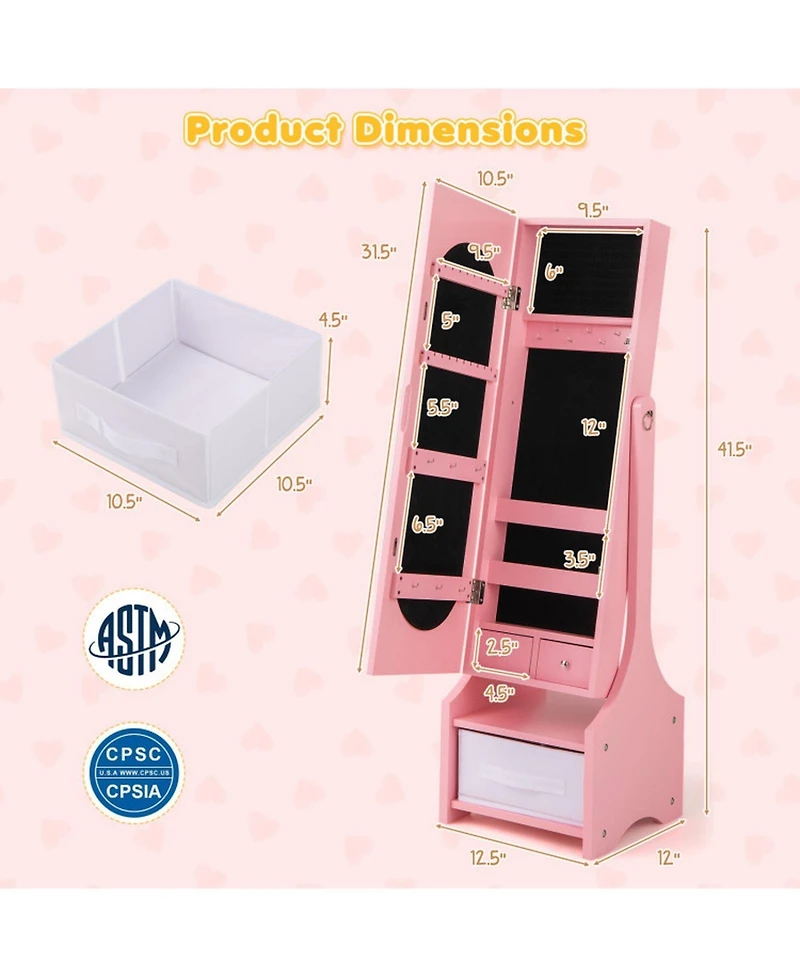 Gouun Freestanding Kids Jewelry Armoire with Full-Length Mirror