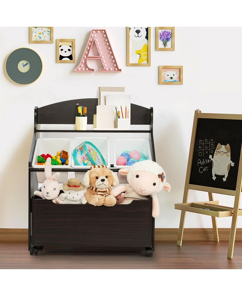 Slickblue Kids Storage Cabinet with Plastic Bins and Rolling Toy Box