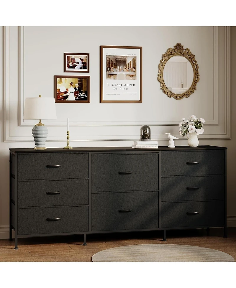 homfan 8 Drawer Dresser, 63 Inch Fabric Tv Stand Storage Cabinet with Wooden Top for 75 Bedroom Living Room