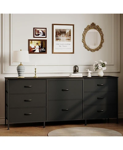 homfan 8 Drawer Dresser, 63 Inch Fabric Tv Stand Storage Cabinet with Wooden Top for 75 Bedroom Living Room