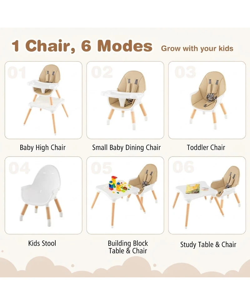 Gouun Toddler 5 in 1 Wooden Convertible High Chair with Detachable Tray and Cup Holder