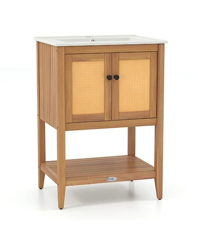 Volenca Bathroom Vanity with Ceramic Sink, Rattan Doors, and Slatted Shelf