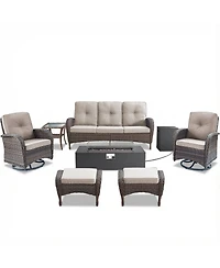 Pocassy 8 Piece Patio Furniture Set with 43" Fire Pit Kit Wicker Rattan Outdoor Sofa Swivel Rocker Chairs and Thickened Cushions
