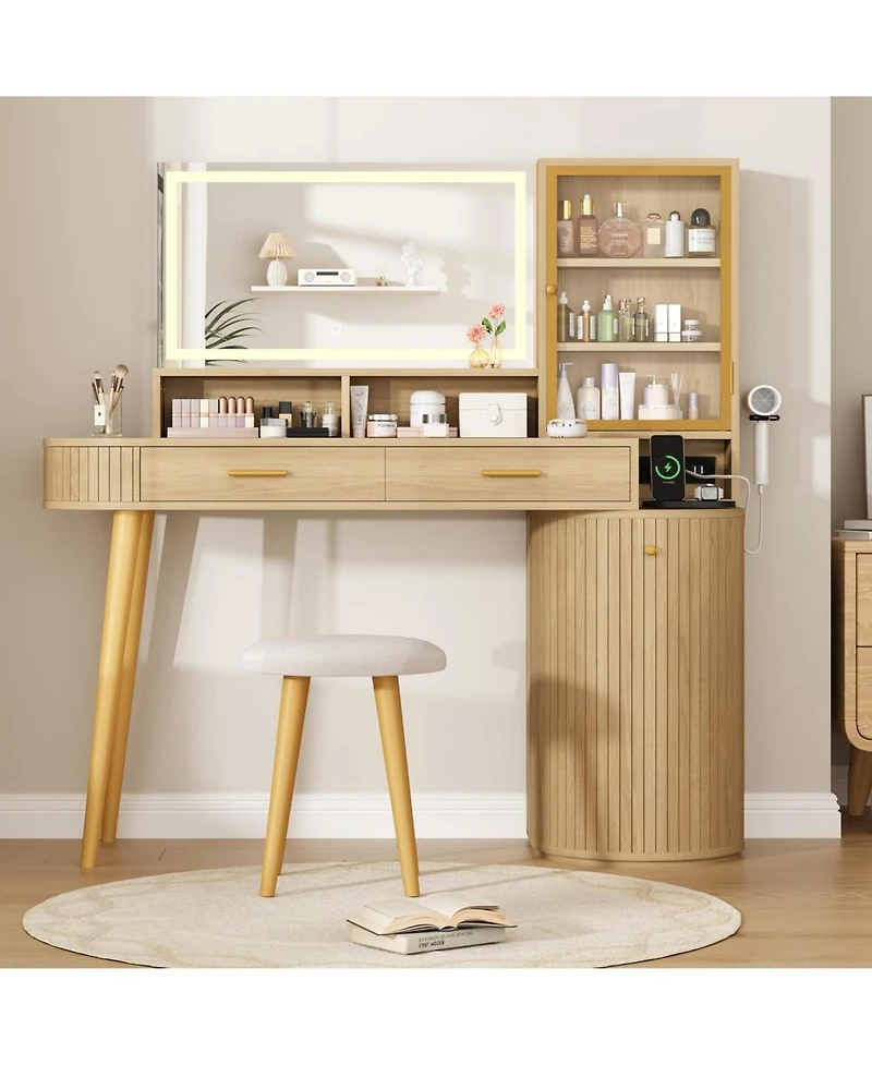 homfan 47.2" Vanity Desk with Lighted Mirror, Charging Station, Drawer, Cabinet and Stool, Makeup Table for Bedroom