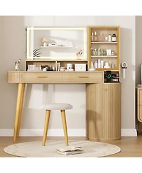 homfan 47.2" Vanity Desk with Lighted Mirror, Charging Station, Drawer, Cabinet and Stool, Makeup Table for Bedroom