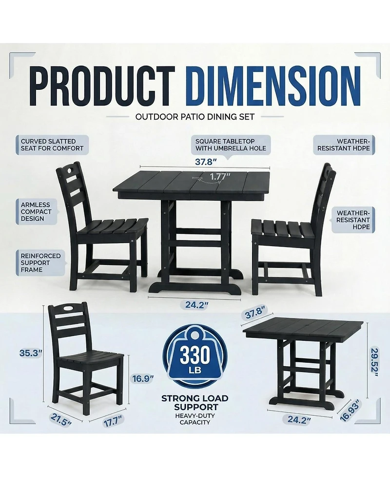 Asagikoiai 3-Piece Hdpe Outdoor Patio Dining Set with 37.8" Table and 2 Chairs, All-Weather Bistro