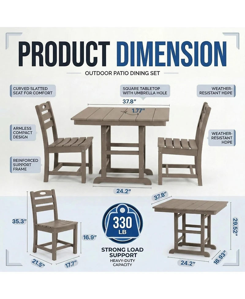 Asagikoiai 3-Piece Hdpe Outdoor Patio Dining Set with 37.8" Table and 2 Chairs, All-Weather Bistro Set