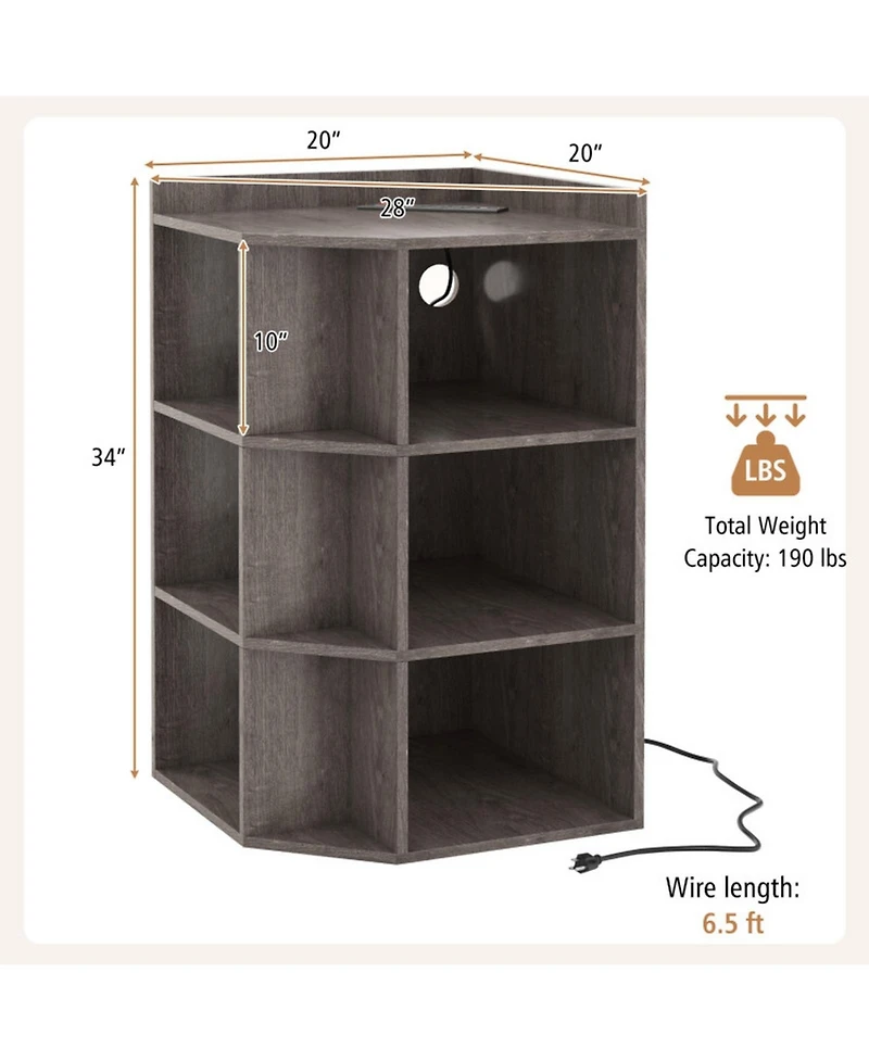 Gouun 3-Tier Corner Cabinet with Charging Station and 9 Open Cubbies