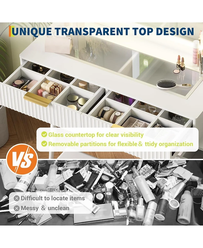 homfan Modern Makeup Vanity Desk Set with Adjustable Led Mirror - 5 Drawers, 3 Shelves, Glass Top, Charging Station, Bedroom Dressing Table