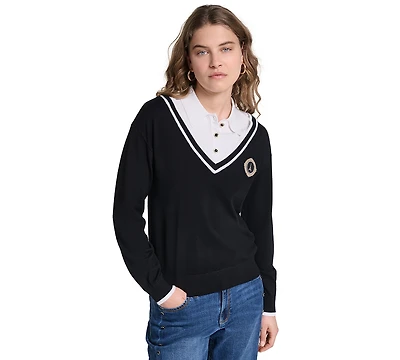 Karl Lagerfeld Paris Petite Collared Button-Front Twofer Sweater