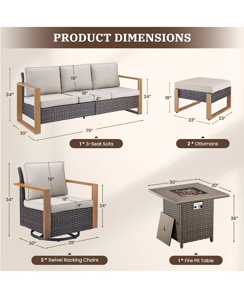 Pocassy 6-Piece Wicker Patio Furniture Set, Swivel Chairs, Outdoor Deep Seating Conversation Sets with Fire Pit Table and Ottomans