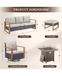 Pocassy 6-Piece Wicker Patio Furniture Set, Swivel Chairs, Outdoor Deep Seating Conversation Sets with Fire Pit Table and Ottomans
