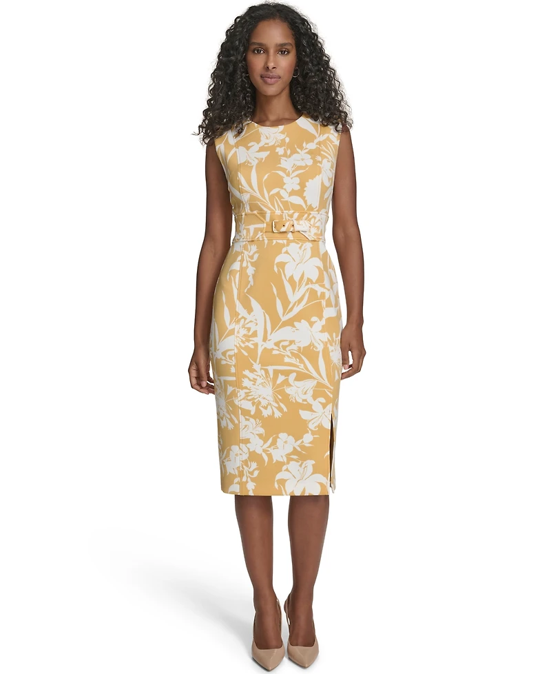 Calvin Klein Women's Printed Crewneck Belted Dress