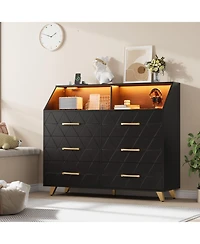 homfan 6-Drawer Dresser with Charging Station and Led Lights,Engineered Wood Storage Chest Gold Metal Legs,Anti-Tip Multi-Functional Home Cabinet