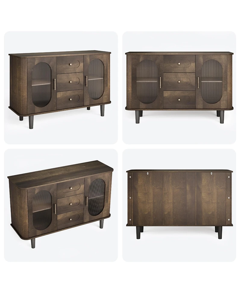 homfan 47.2 Inch Mid-Century Fluted Glass Sideboard with 3 Drawers, Adjustable Shelves and Anti-Wobble Base, Coffee Bar Entryway Credenza