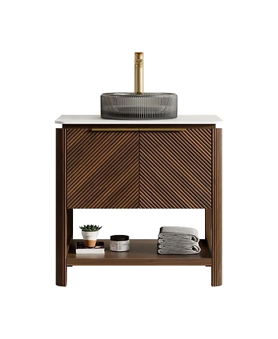 Phying 30 Inch Indigo Bathroom Vanity with Sink Freestanding Dark Walnut Woodgrain Plywood Storage Cabinet with Open Shelf for Bathroom Decor