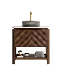 Phying 30 Inch Indigo Bathroom Vanity with Sink Freestanding Dark Walnut Woodgrain Plywood Storage Cabinet with Open Shelf for Bathroom Decor