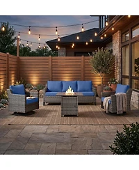 Pocassy Patio Furniture Set with Fire Pit Table, Swivel Chairs, Sofa, 4pcs Wicker Conversation Set for Deck Yard and Poolsid