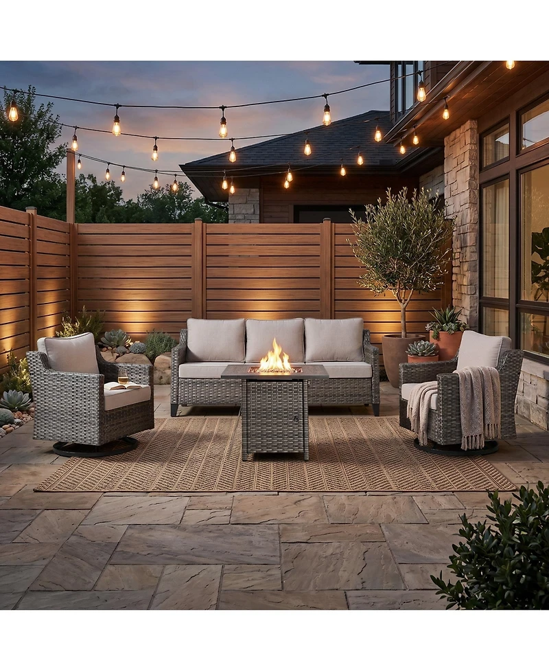 Pocassy Patio Furniture Set with Fire Pit Table, Swivel Chairs, Sofa, 4pcs Wicker Conversation Set for Deck Yard and Poolsid