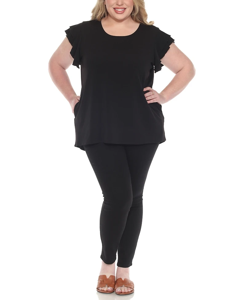 White Mark Plus Flutter-Sleeve Top and Scuba Pants Set