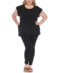 White Mark Plus Flutter-Sleeve Top and Scuba Pants Set