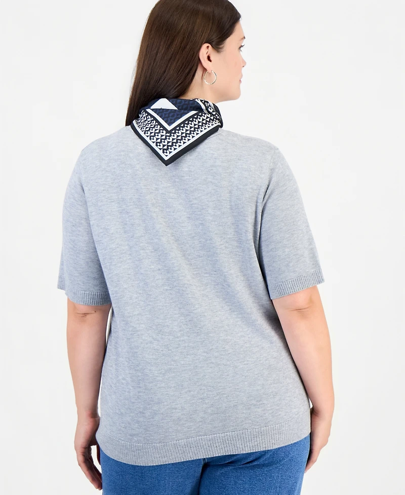 Jones New York Plus Crewneck Top with Woven Scarf and Ribbed Trim