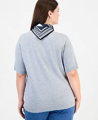 Jones New York Plus Crewneck Top with Woven Scarf and Ribbed Trim