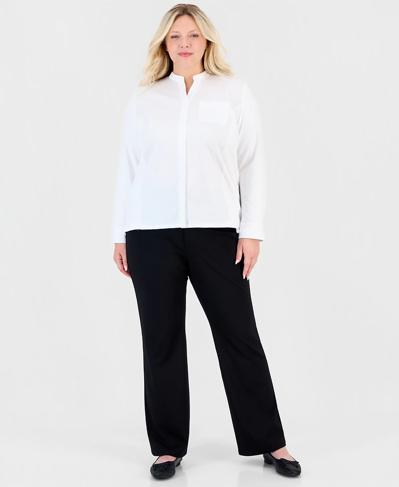 Jones New York Plus Stand Collar Button-Front Long-Sleeve Blouse
