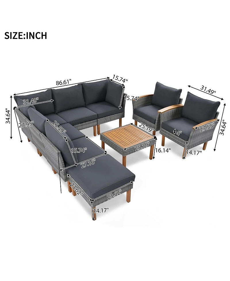 Asagikoiai 9-Piece Patio Rattan Furniture Set, Conversation Set with Acacia Wood Legs and Coffee Table
