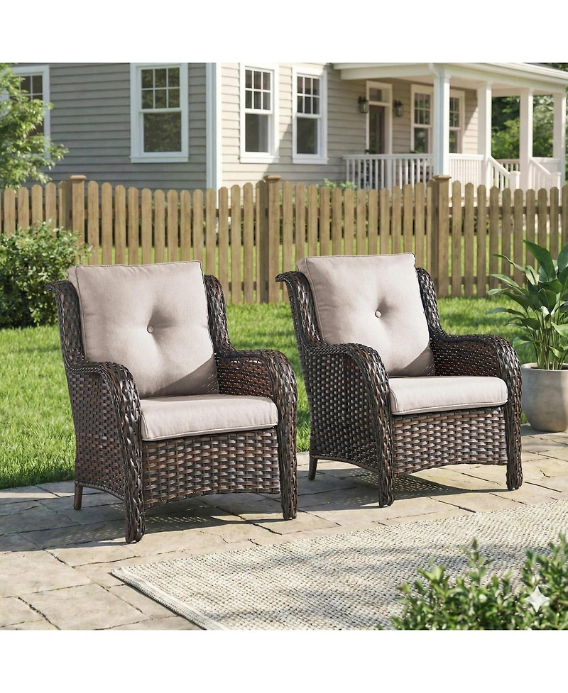 Pocassy High Back Patio Chairs Set of 2 - Wicker Outdoor Seating, Wide Armrests Rattan Club Chair with Removable Cushion
