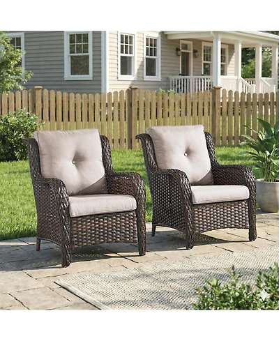 Pocassy High Back Patio Chairs Set of 2 - Wicker Outdoor Seating, Wide Armrests Rattan Club Chair with Removable Cushion