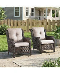Pocassy High Back Patio Chairs Set of 2 - Wicker Outdoor Seating, Wide Armrests Rattan Club Chair with Removable Cushion