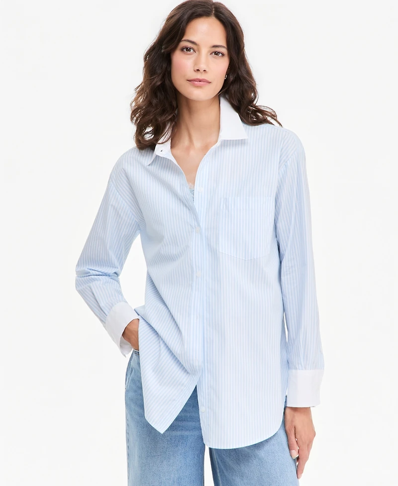 On 34th Women's Oversized Contrast-Collar Striped Poplin Shirt, Macy's Exclusive